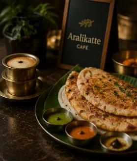Filter coffee in a steel tumbler beside a dosa and chutneys, with the Aralikatte Cafe sign behind