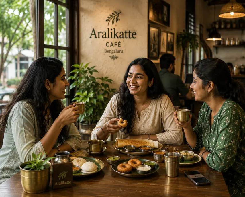 Friends sharing filter coffee and snacks at a table in Aralikatte Cafe